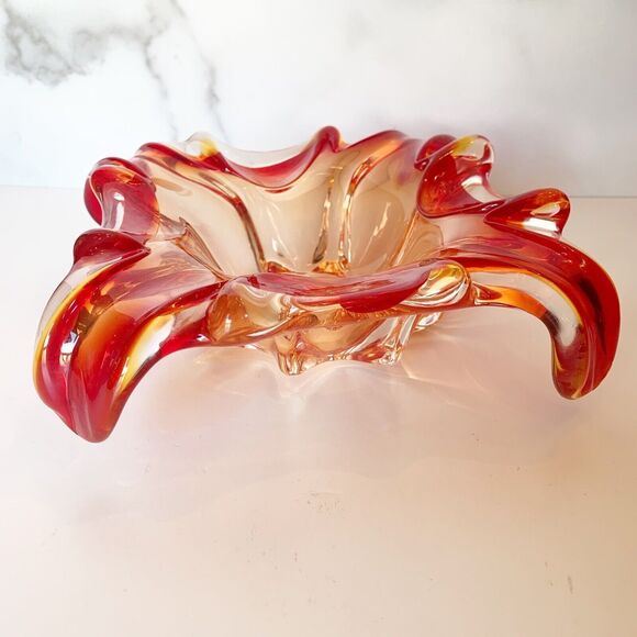 J.I. Co. Venetian Hand Blown Art Glass Bowl Red Italy Vintage Dish - Picture 5 of 5